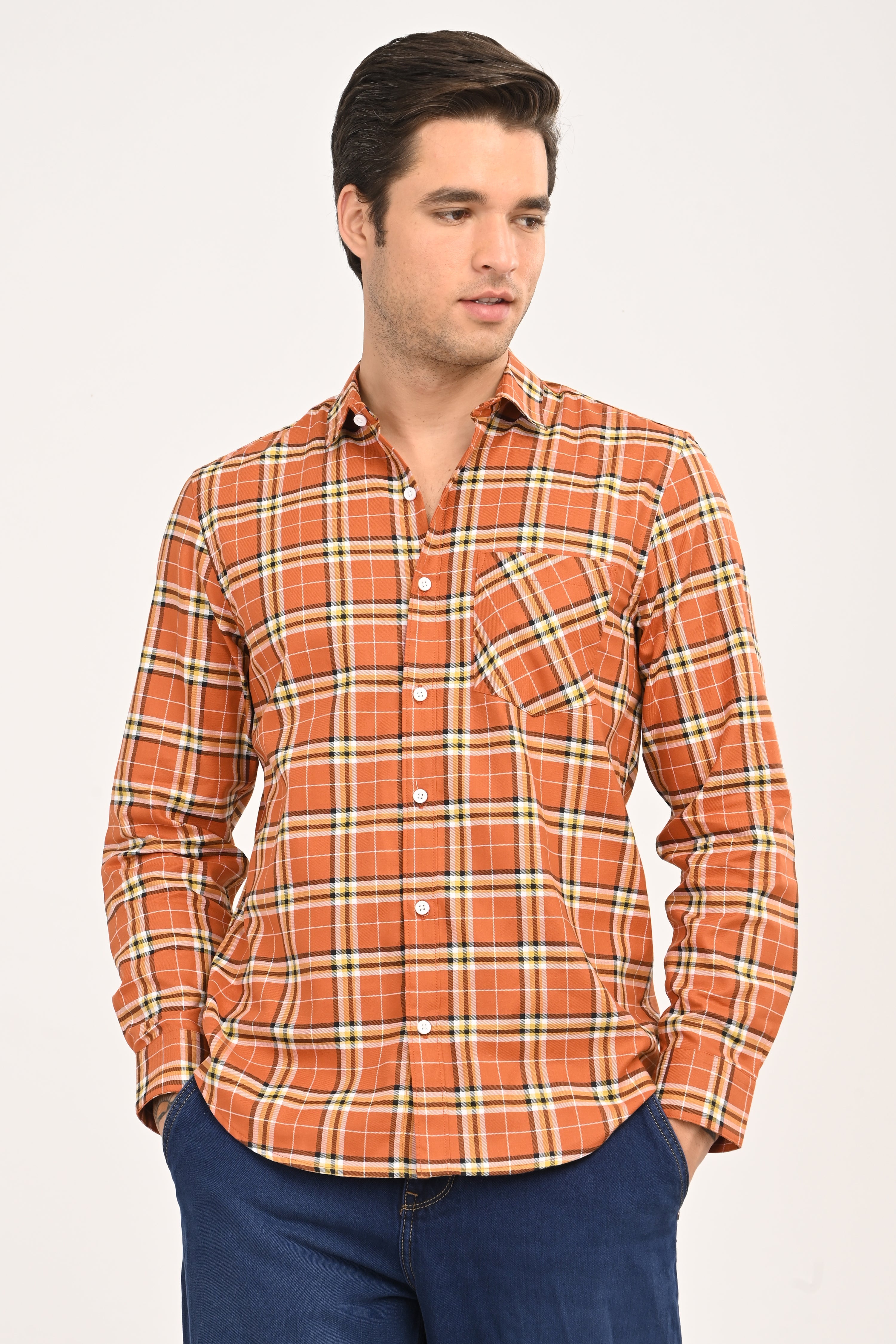 Men’s Burnt Orange Plaid Cotton Shirt - Slim Fit Casual Button-Down