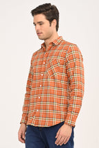 Men’s Burnt Orange Plaid Cotton Shirt - Slim Fit Casual Button-Down