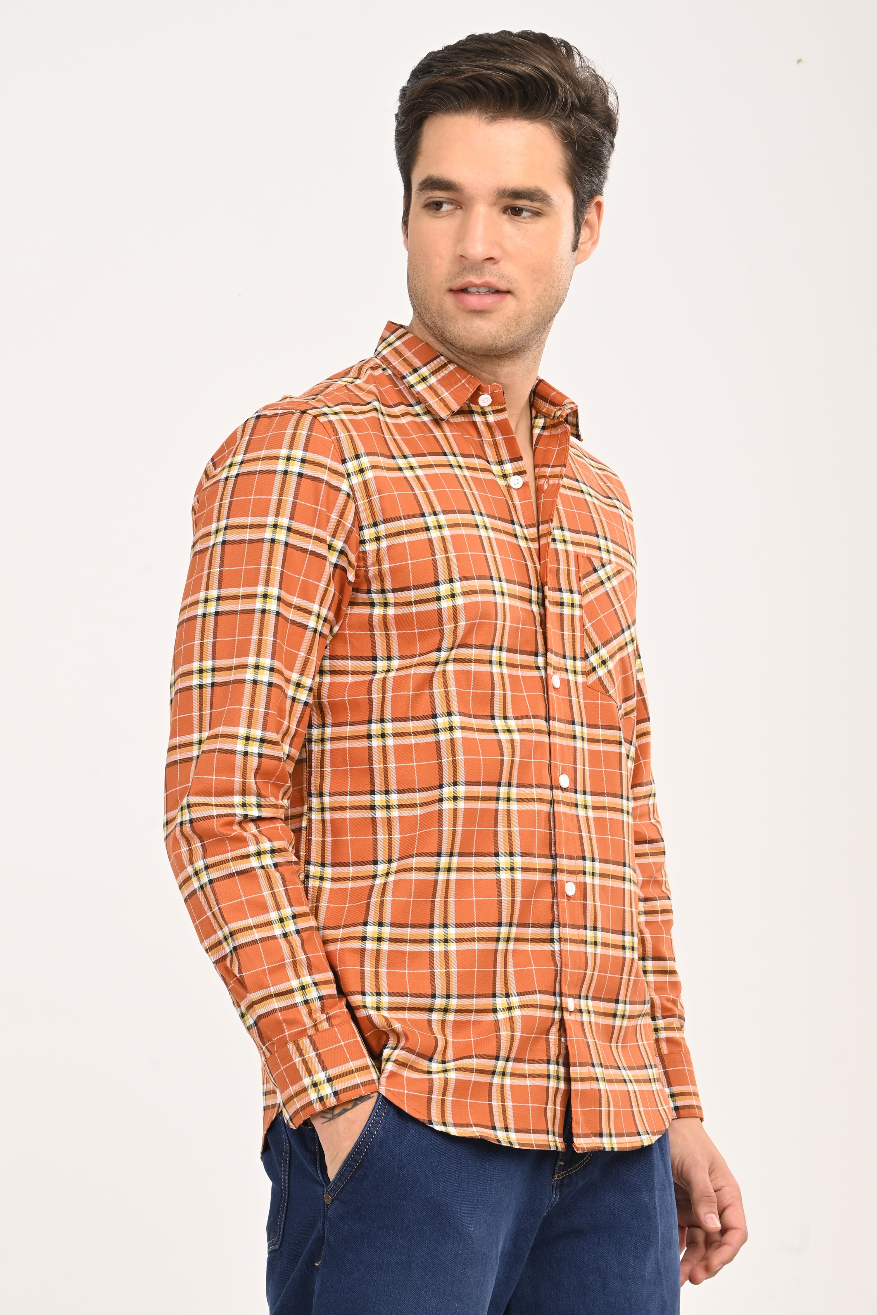 Men’s Burnt Orange Plaid Cotton Shirt - Slim Fit Casual Button-Down