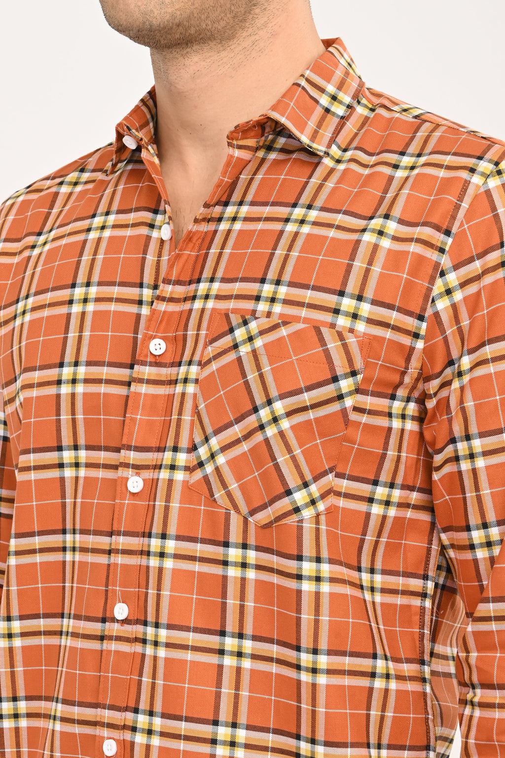 Men’s Burnt Orange Plaid Cotton Shirt - Slim Fit Casual Button-Down