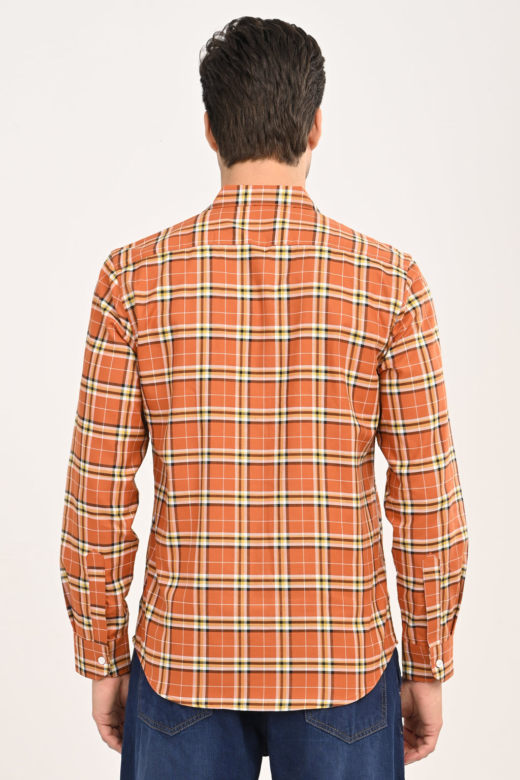 Men’s Burnt Orange Plaid Cotton Shirt - Slim Fit Casual Button-Down