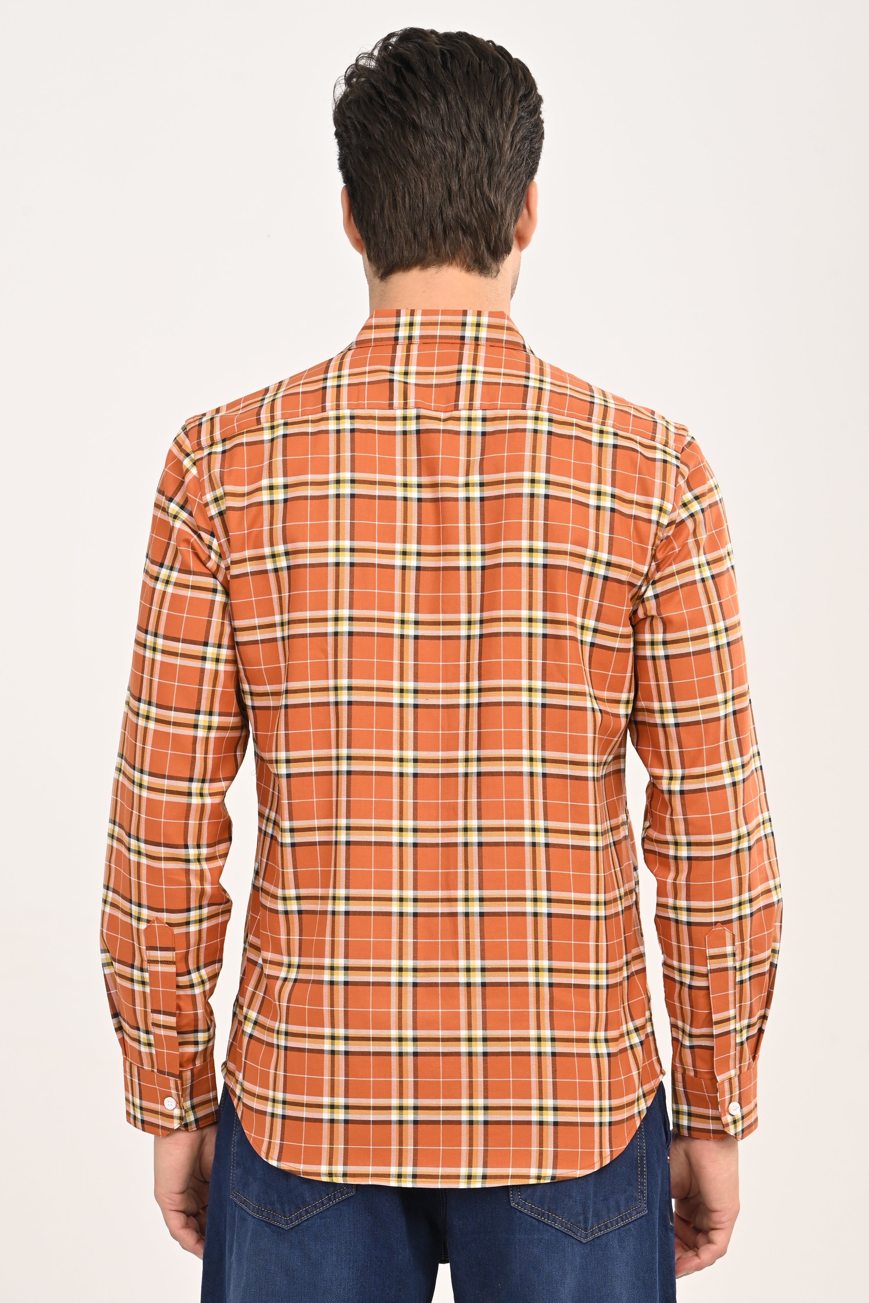 Men’s Burnt Orange Plaid Cotton Shirt - Slim Fit Casual Button-Down