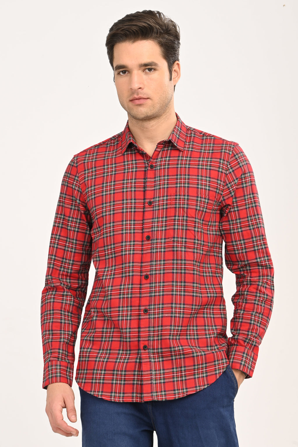 Red & Navy Tartan Plaid Casual Shirt – Slim Fit Premium Cotton