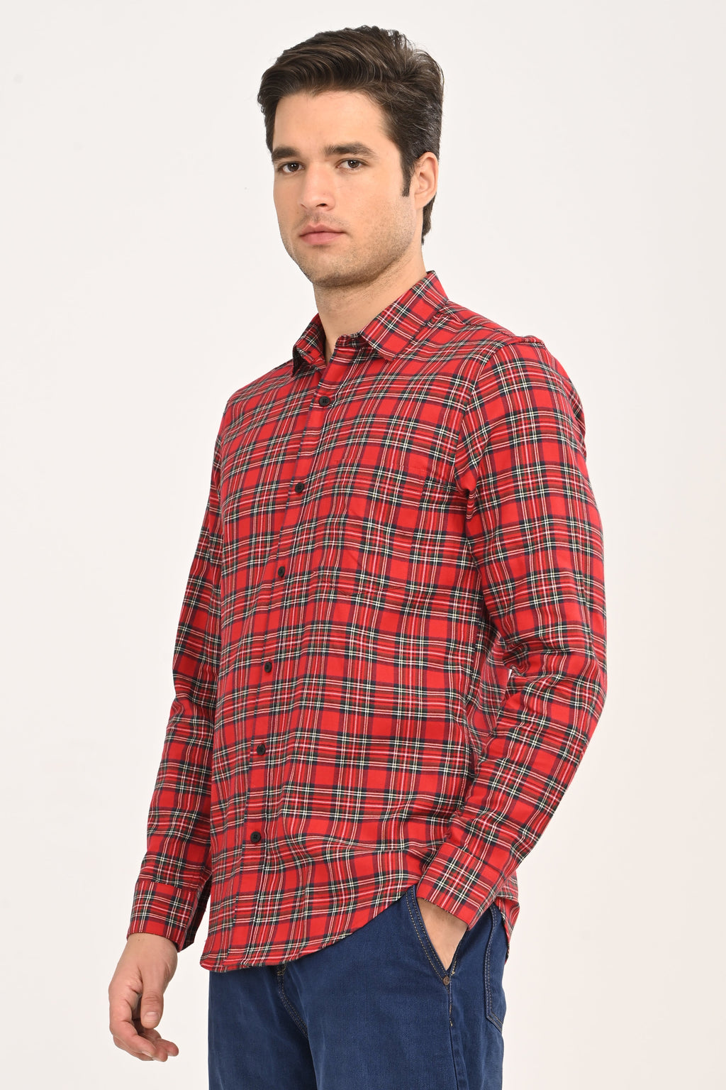 Red & Navy Tartan Plaid Casual Shirt – Slim Fit Premium Cotton