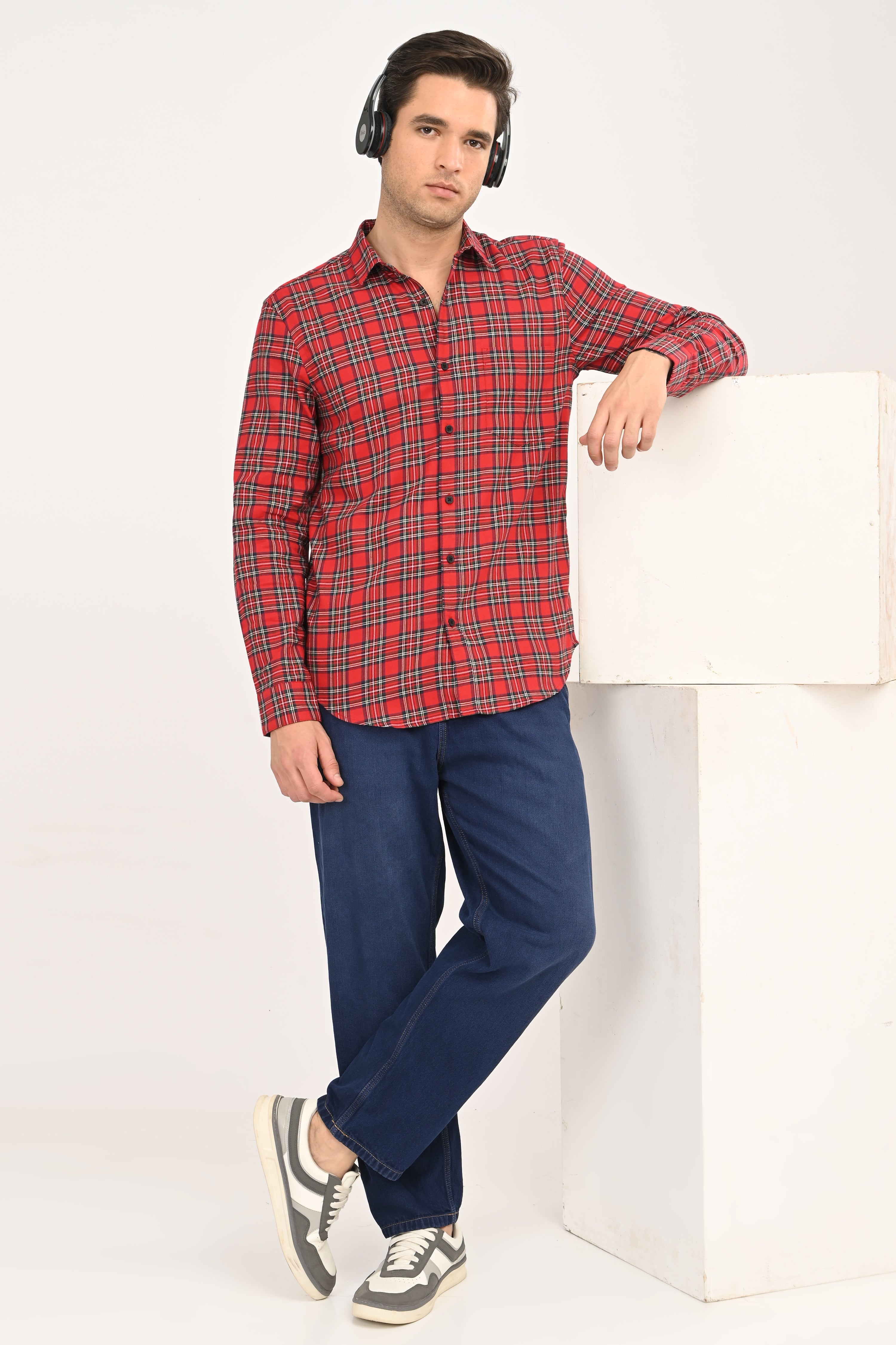 Red & Navy Tartan Plaid Casual Shirt – Slim Fit Premium Cotton