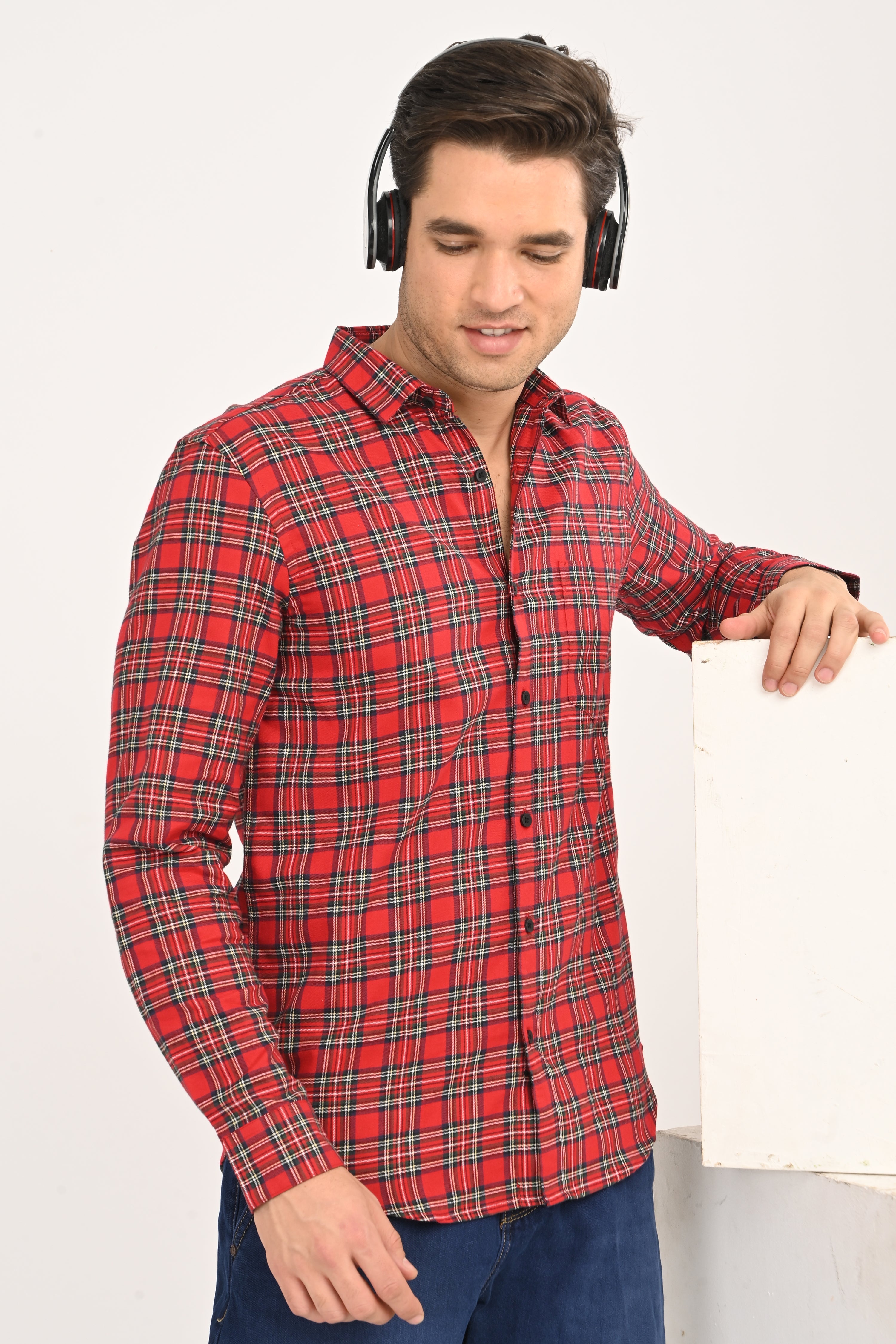 Red & Navy Tartan Plaid Casual Shirt – Slim Fit Premium Cotton