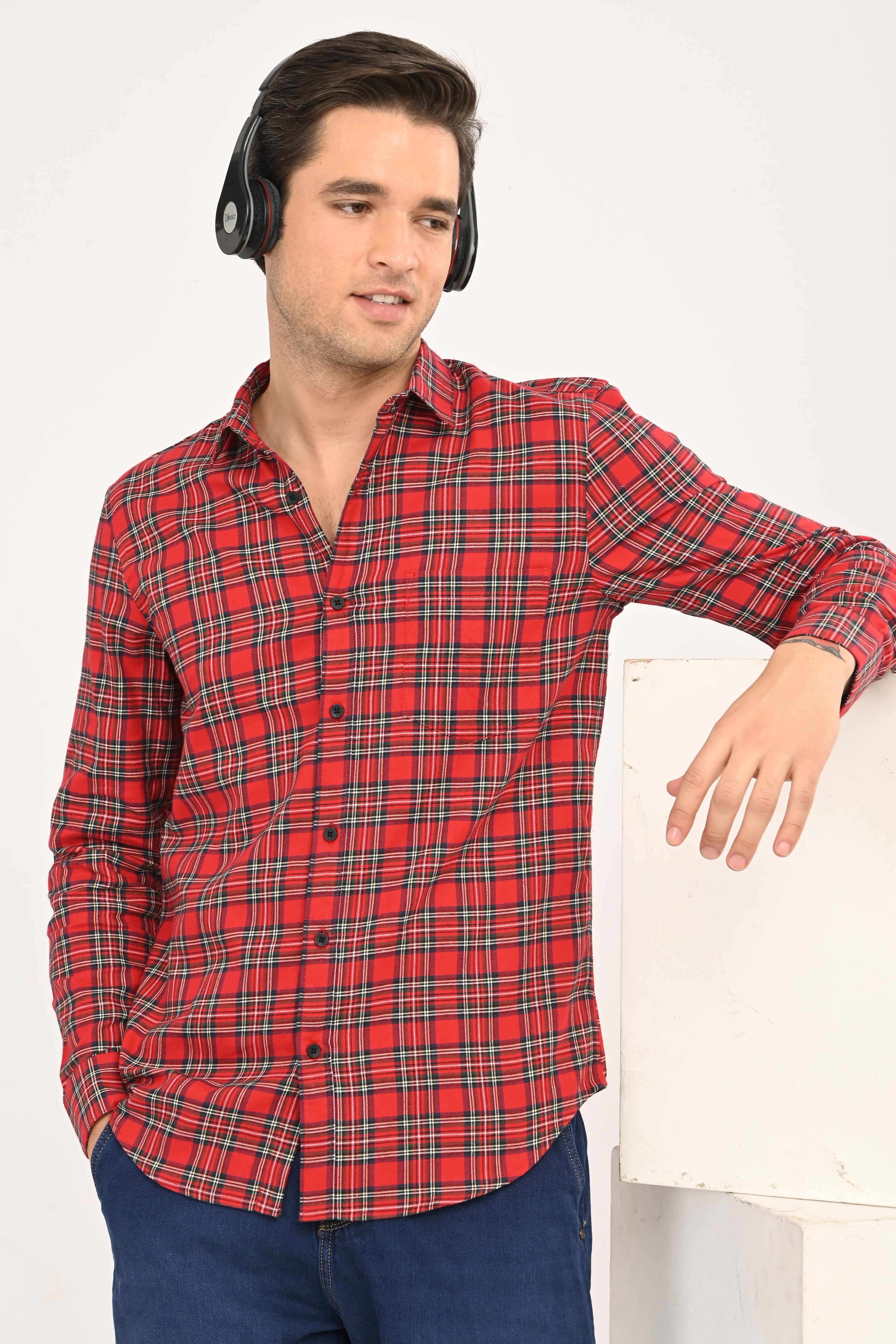 Red & Navy Tartan Plaid Casual Shirt – Slim Fit Premium Cotton
