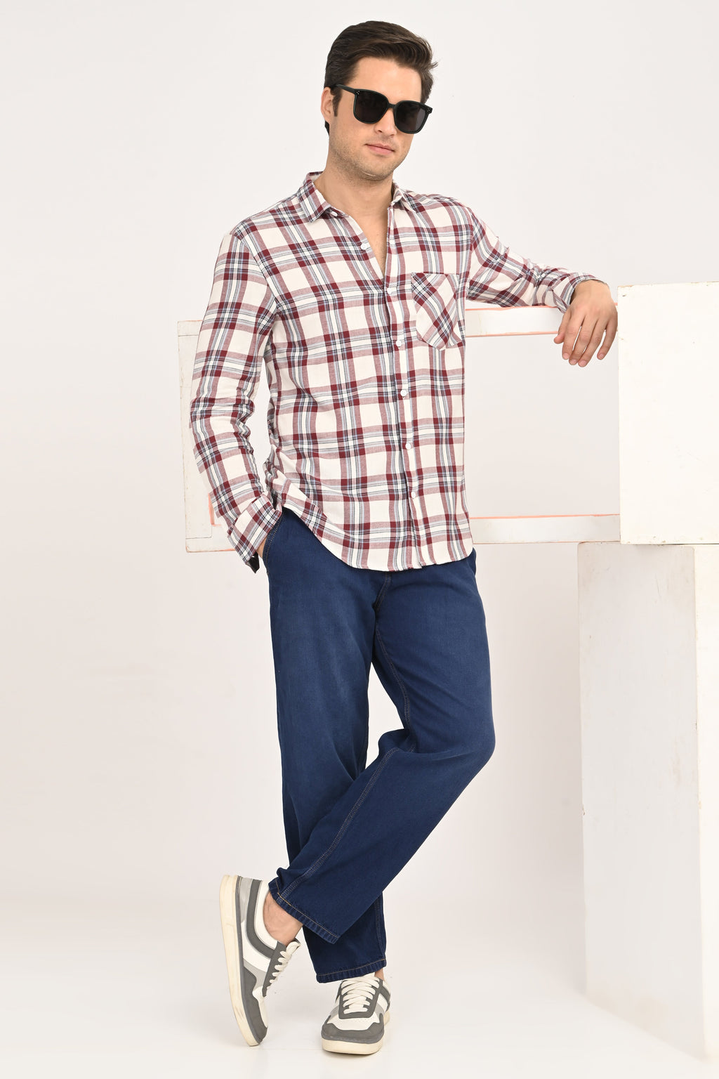 Men's Maroon & Cream Plaid Slim Fit Casual Cotton Shirt