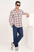 Men's Maroon & Cream Plaid Slim Fit Casual Cotton Shirt