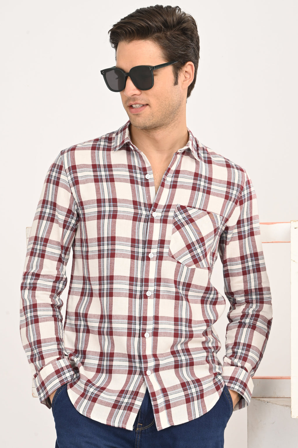 Men's Maroon & Cream Plaid Slim Fit Casual Cotton Shirt