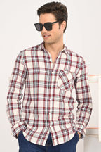 Men's Maroon & Cream Plaid Slim Fit Casual Cotton Shirt