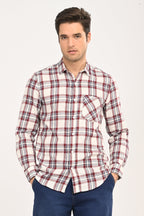 Men's Maroon & Cream Plaid Slim Fit Casual Cotton Shirt