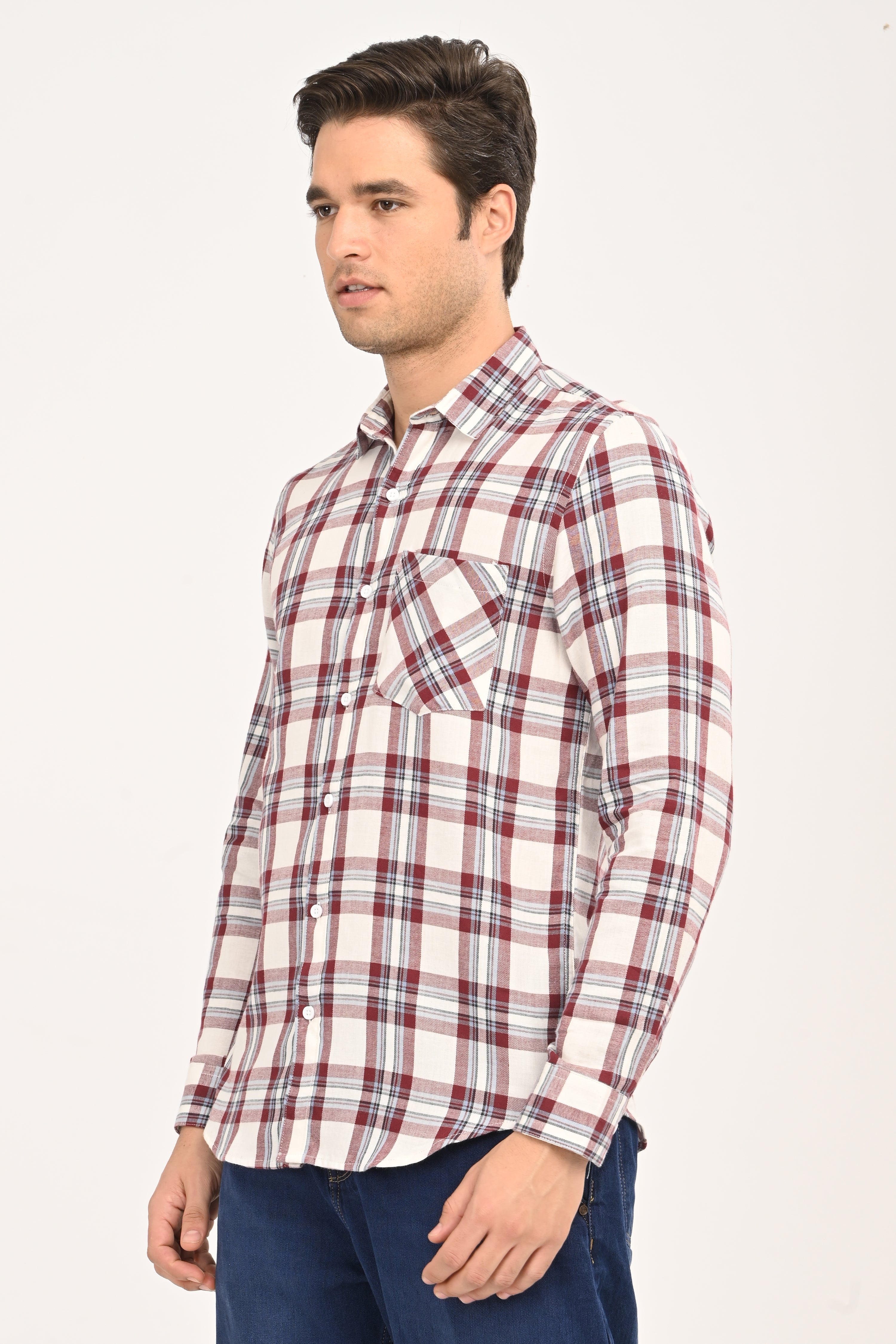 Men's Maroon & Cream Plaid Slim Fit Casual Cotton Shirt