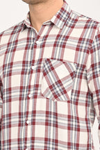 Men's Maroon & Cream Plaid Slim Fit Casual Cotton Shirt