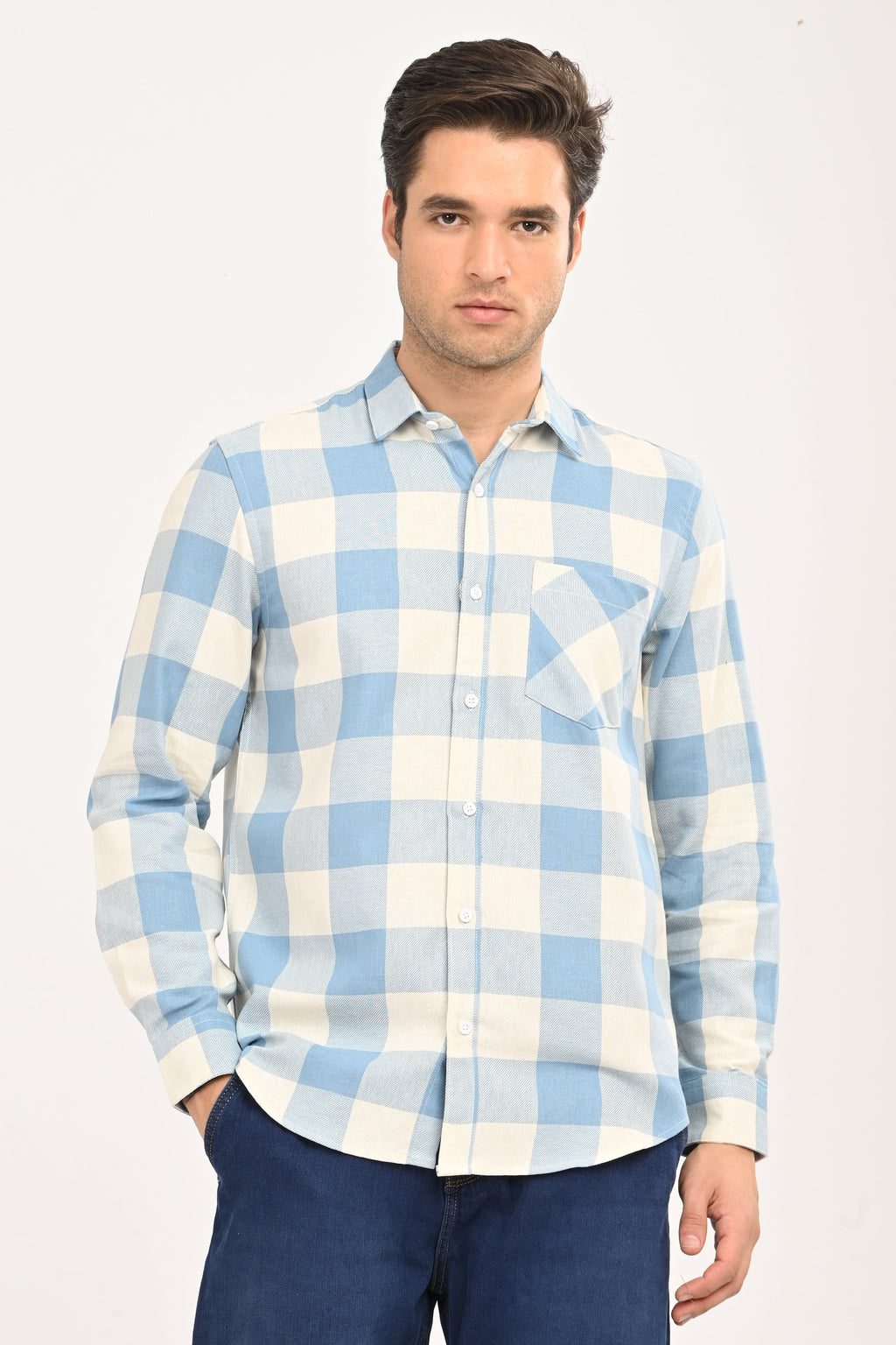 Men’s Sky Blue & Cream Gingham Check Slim Fit Casual Shirt