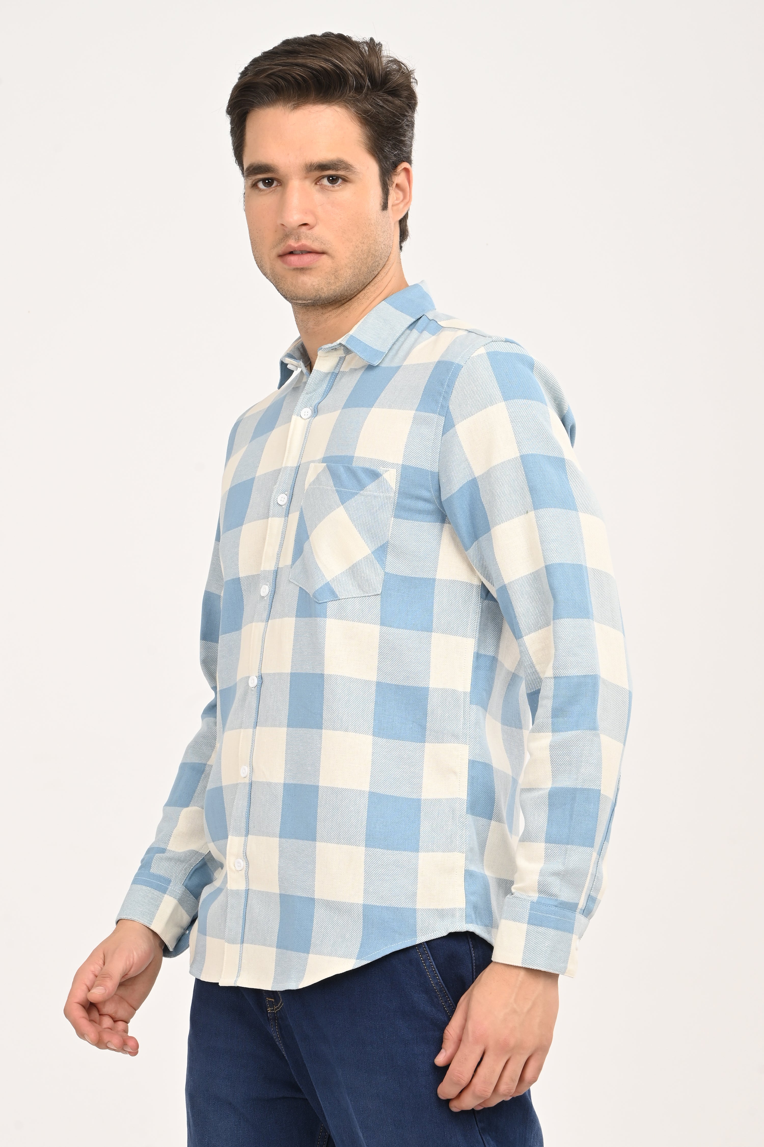 Men’s Sky Blue & Cream Gingham Check Slim Fit Casual Shirt