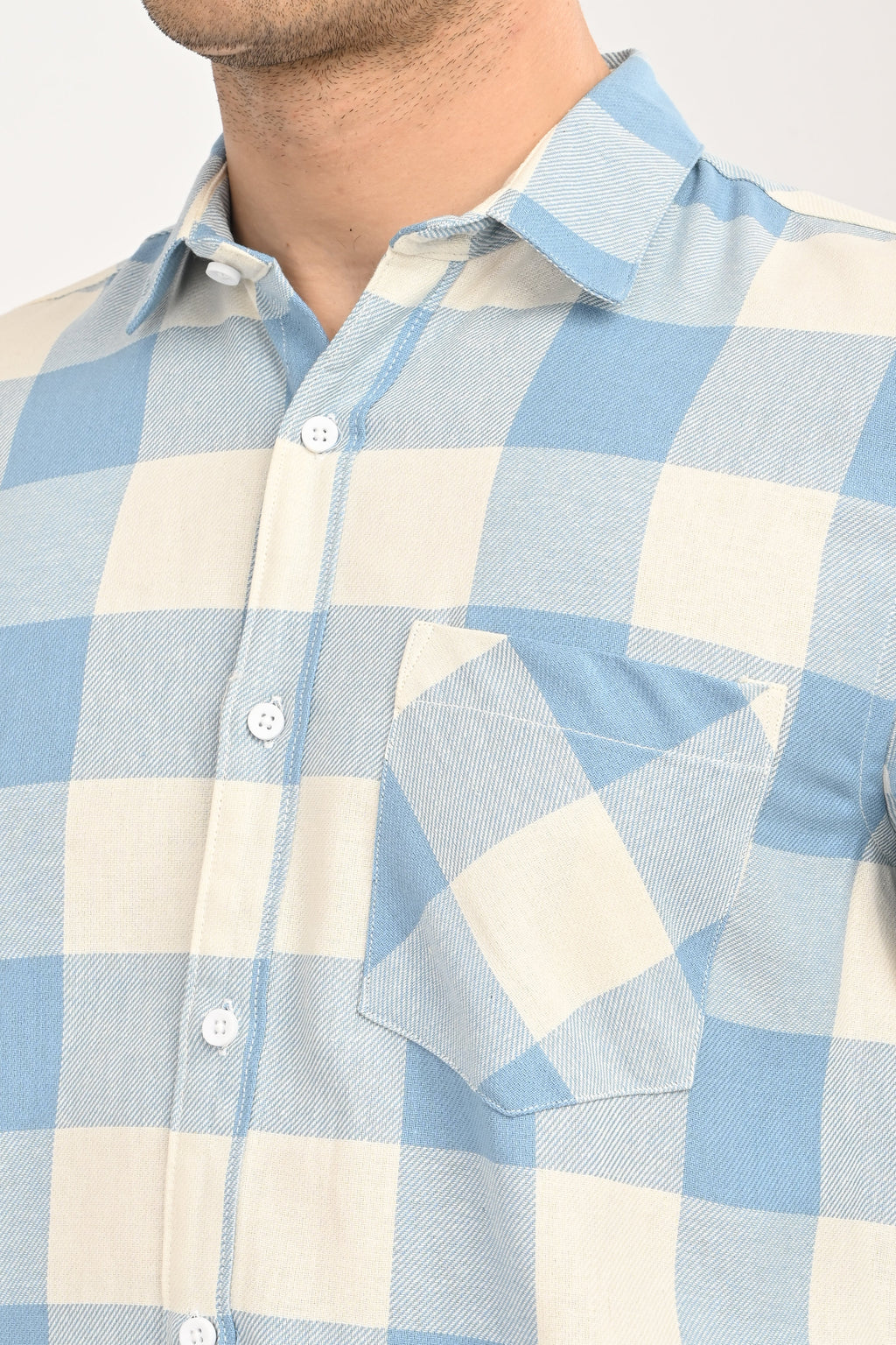 Men’s Sky Blue & Cream Gingham Check Slim Fit Casual Shirt