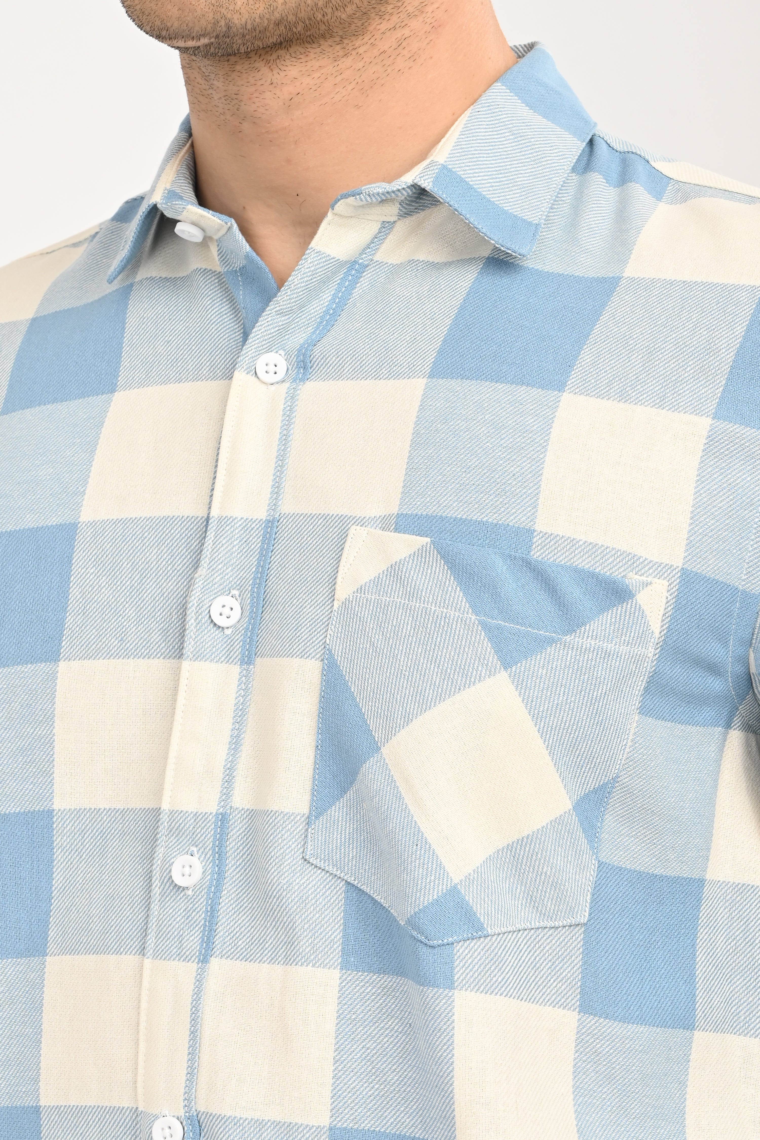 Men’s Sky Blue & Cream Gingham Check Slim Fit Casual Shirt