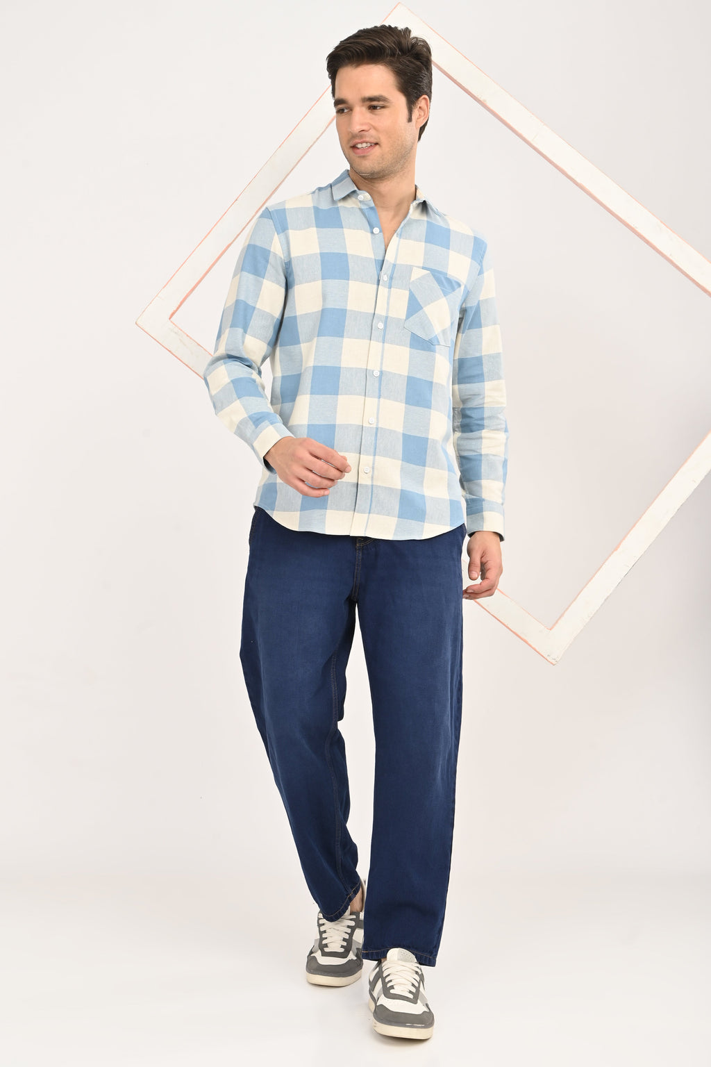Men’s Sky Blue & Cream Gingham Check Slim Fit Casual Shirt