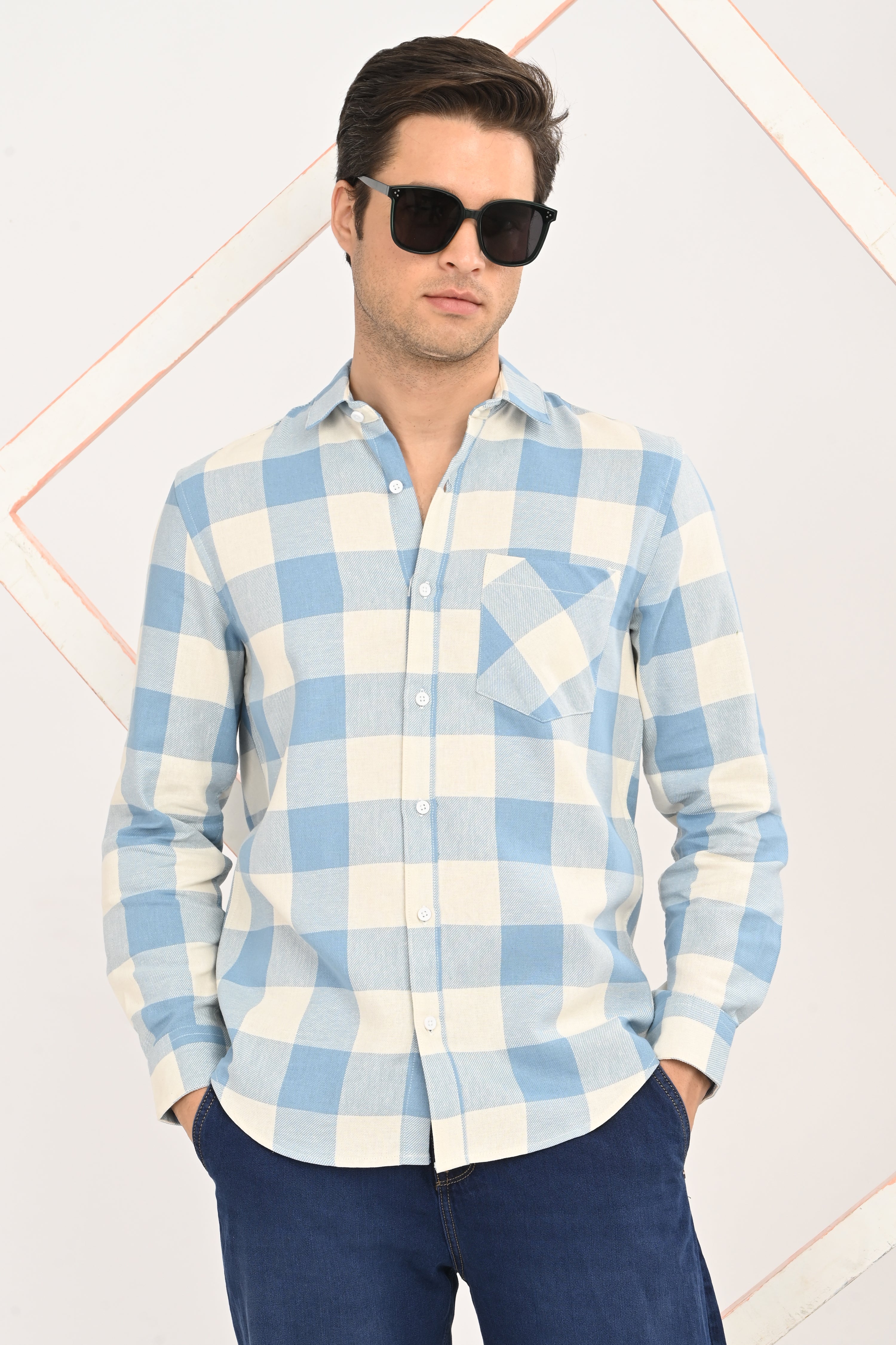 Men’s Sky Blue & Cream Gingham Check Slim Fit Casual Shirt