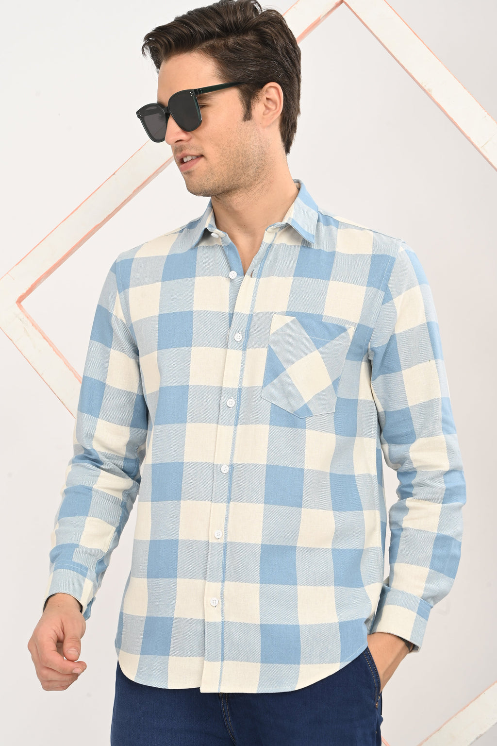Men’s Sky Blue & Cream Gingham Check Slim Fit Casual Shirt