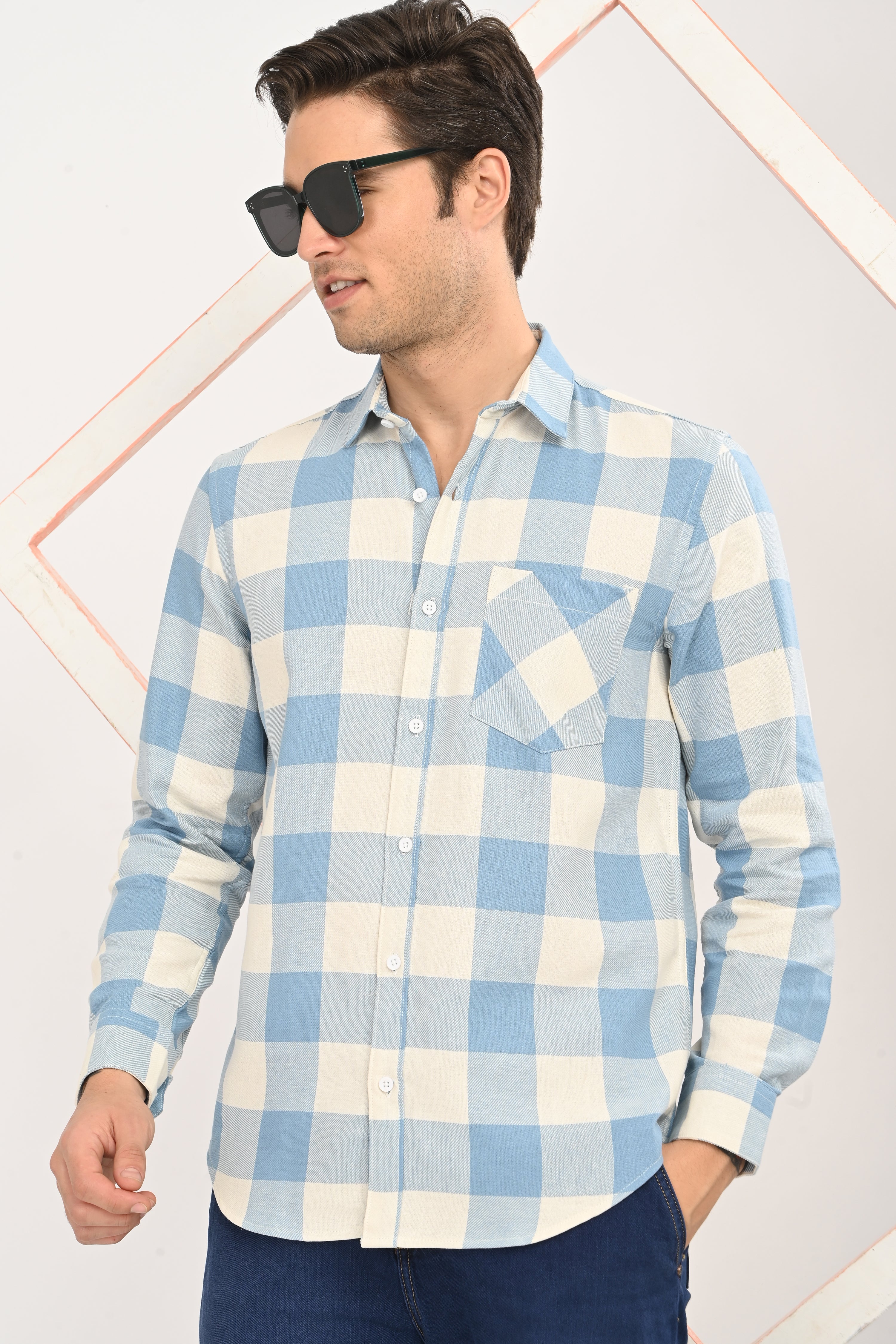 Men’s Sky Blue & Cream Gingham Check Slim Fit Casual Shirt