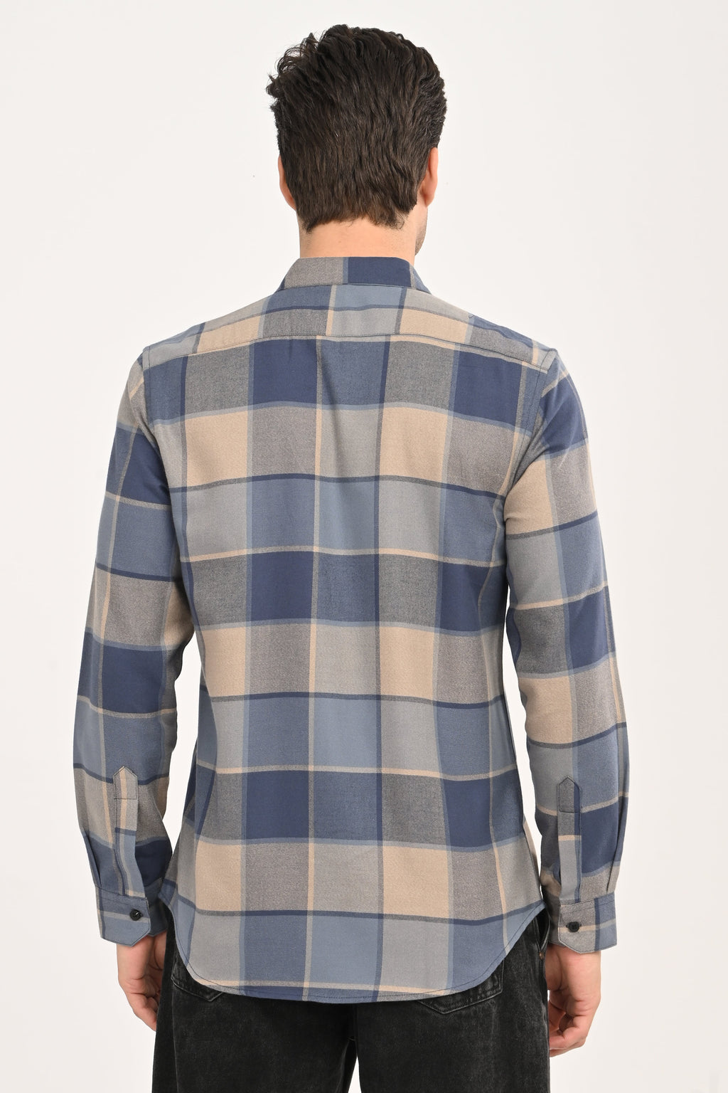 Men's Slate Blue & Beige Large-Block Plaid Slim Fit Casual Shirt