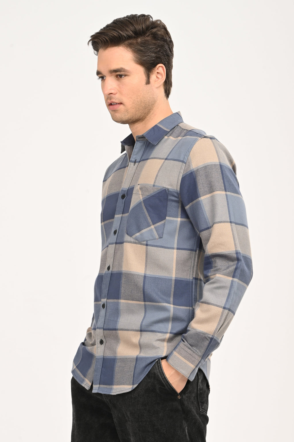 Men's Slate Blue & Beige Large-Block Plaid Slim Fit Casual Shirt