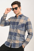 Men's Slate Blue & Beige Large-Block Plaid Slim Fit Casual Shirt