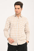 Men's Sand Beige Windowpane Plaid Slim Fit Casual Shirt
