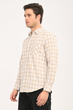 Men's Sand Beige Windowpane Plaid Slim Fit Casual Shirt