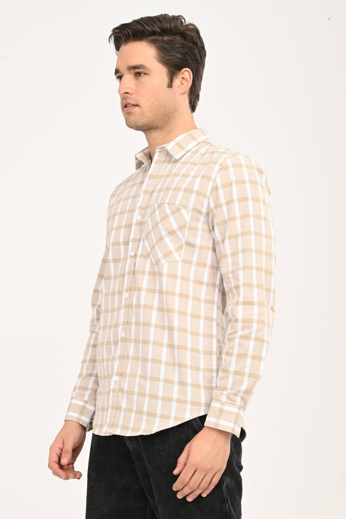 Men's Sand Beige Windowpane Plaid Slim Fit Casual Shirt