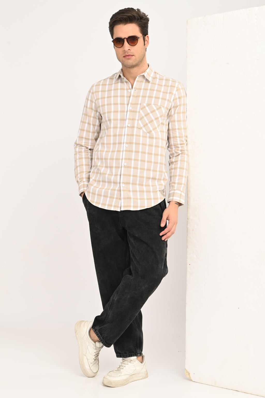 Men's Sand Beige Windowpane Plaid Slim Fit Casual Shirt