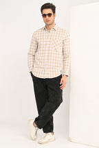 Men's Sand Beige Windowpane Plaid Slim Fit Casual Shirt