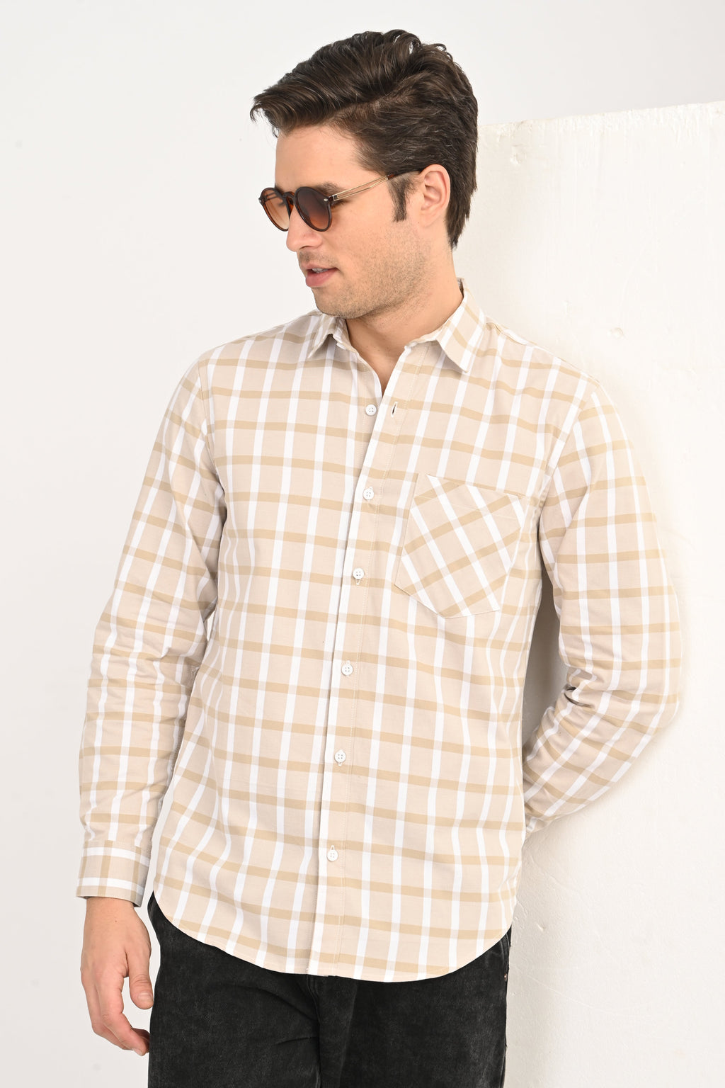 Men's Sand Beige Windowpane Plaid Slim Fit Casual Shirt