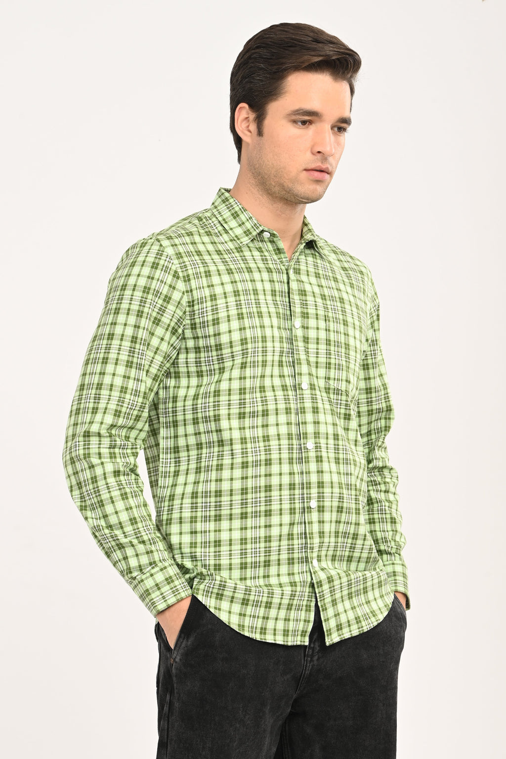 Men’s Mint Green Micro-Plaid Slim Fit Casual Shirt